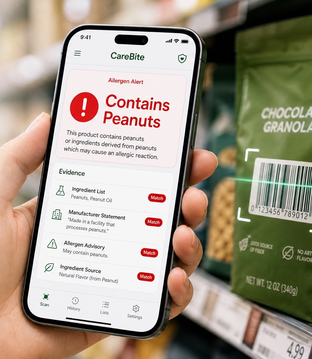 A hand holding a phone showing a CareBite allergen alert: contains peanuts, with four cited evidence sources.