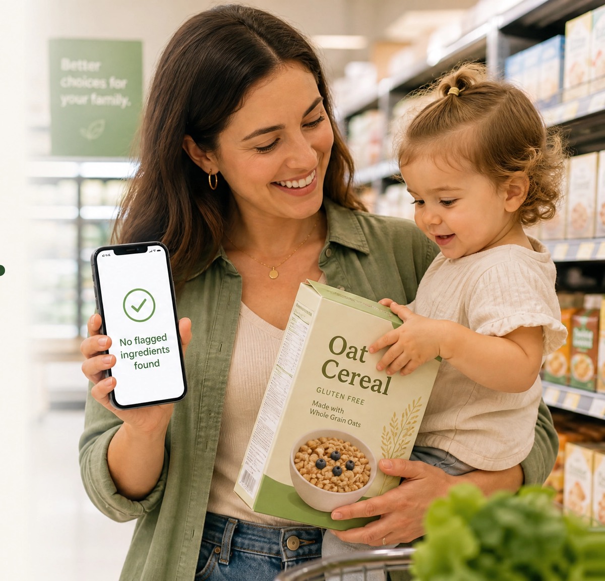 A mother holding her toddler in a grocery aisle, showing a CareBite scan result: no flagged ingredients found.